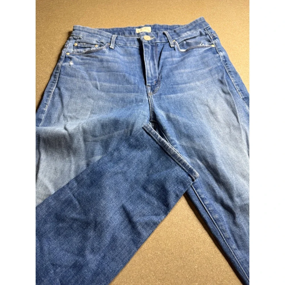 Mother High Waisted Looker Crop Jeans Skipping Stones Blue Distressed Size 28